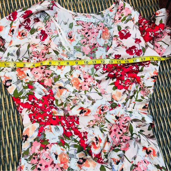 Saints + Secrets Pink Floral Wrap Flutter Sleeve Mini Dress Sz S - Picture 10 of 11